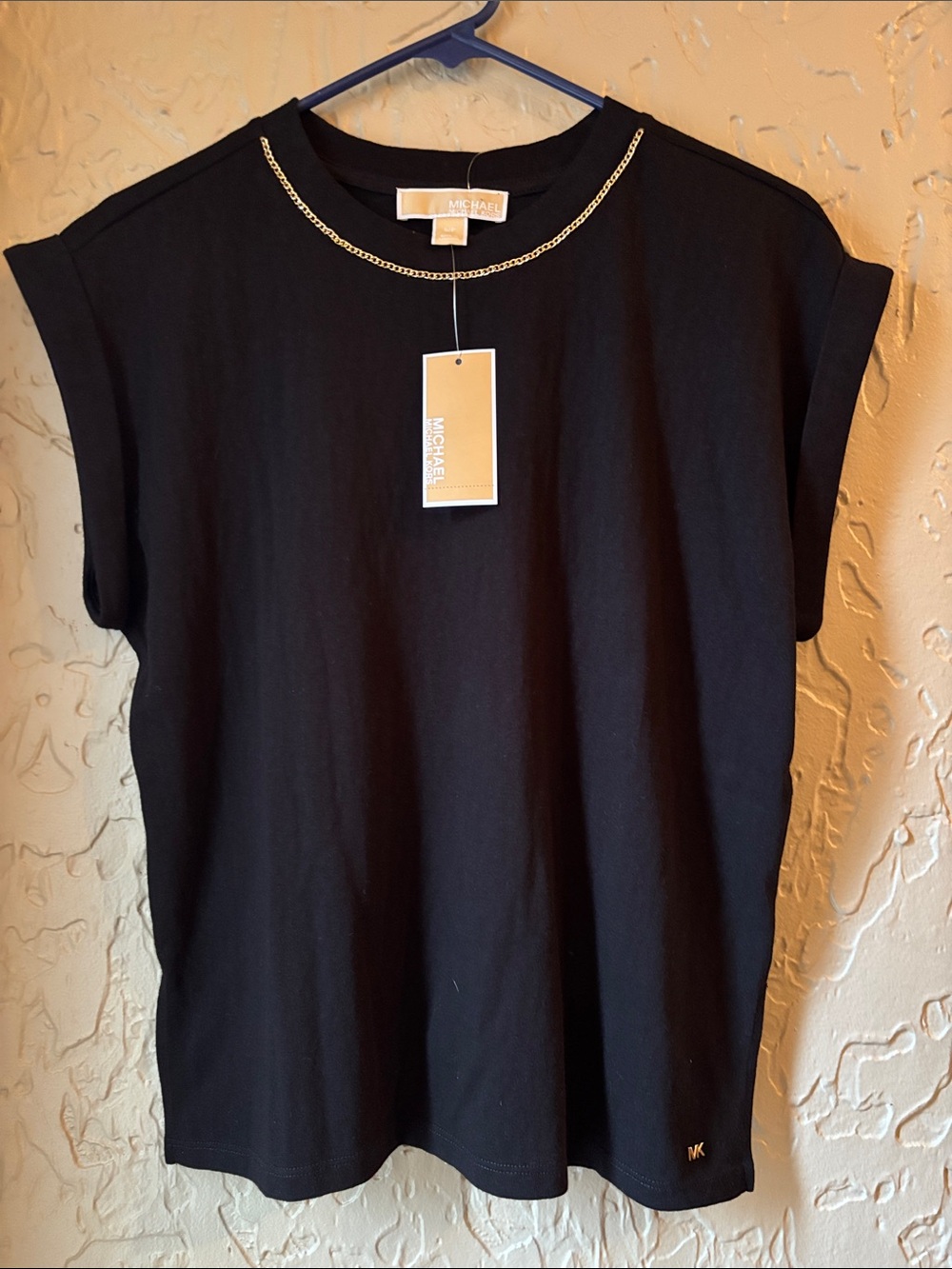 Michael Kors Black Capped-Sleeve Top with Gold Chain Trim